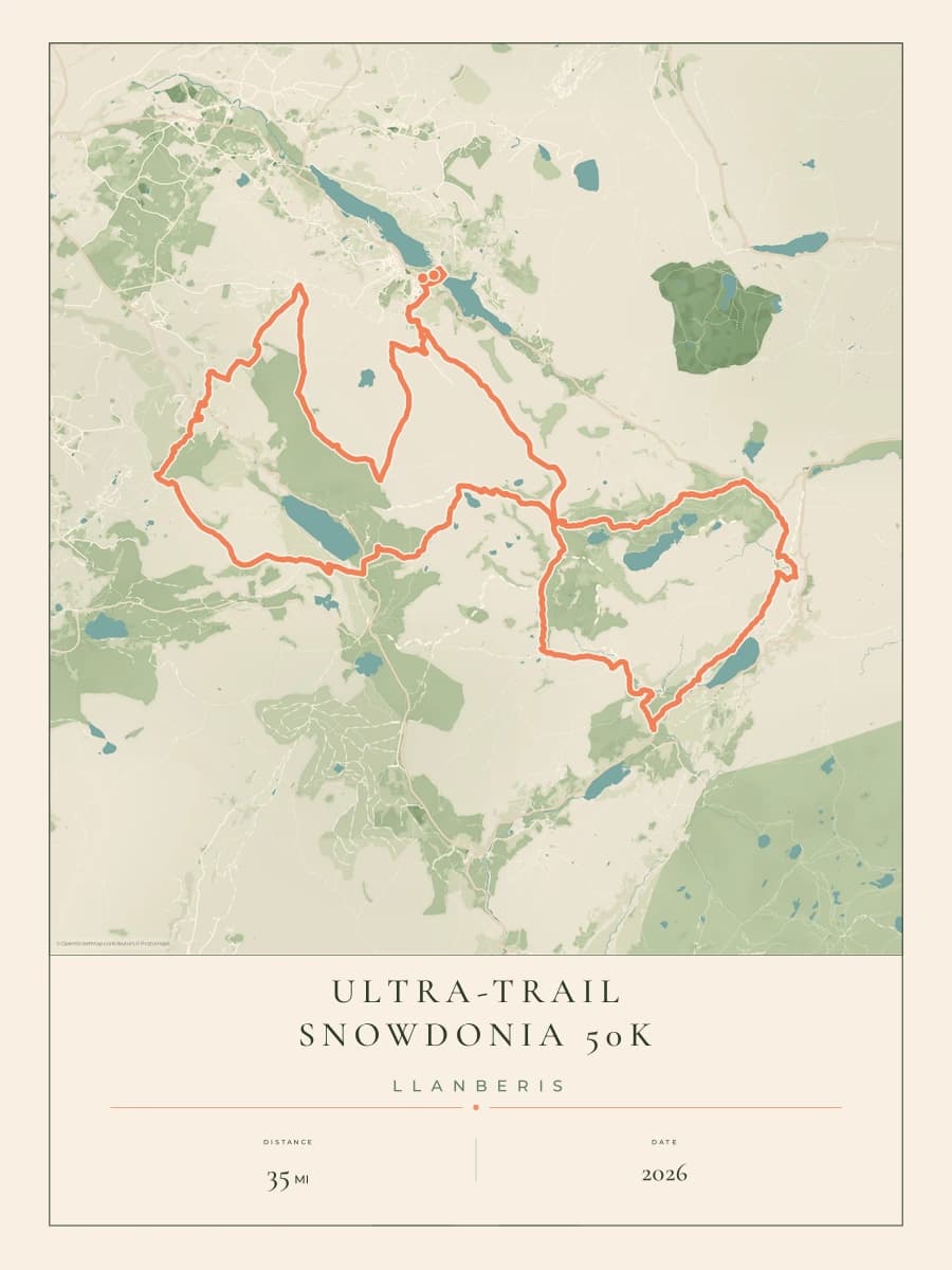 Ultra-Trail Snowdonia 50K route poster preview in the Parkland artwork style