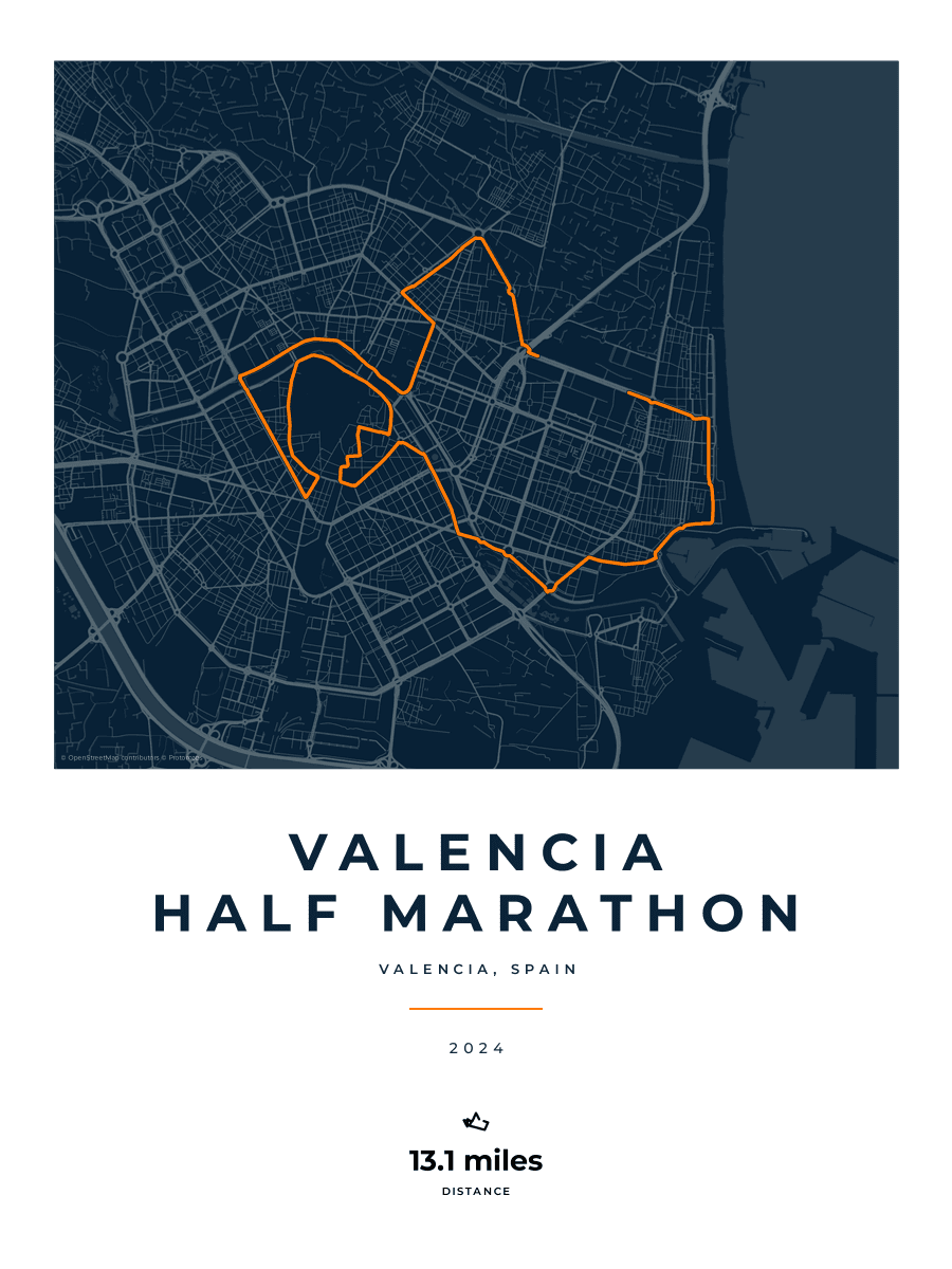 Valencia Half Marathon route poster preview in the Race Blueprint artwork style