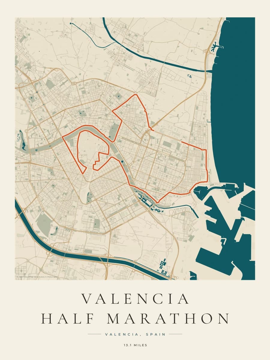Valencia Half Marathon route poster preview in the Coastal Atlas artwork style