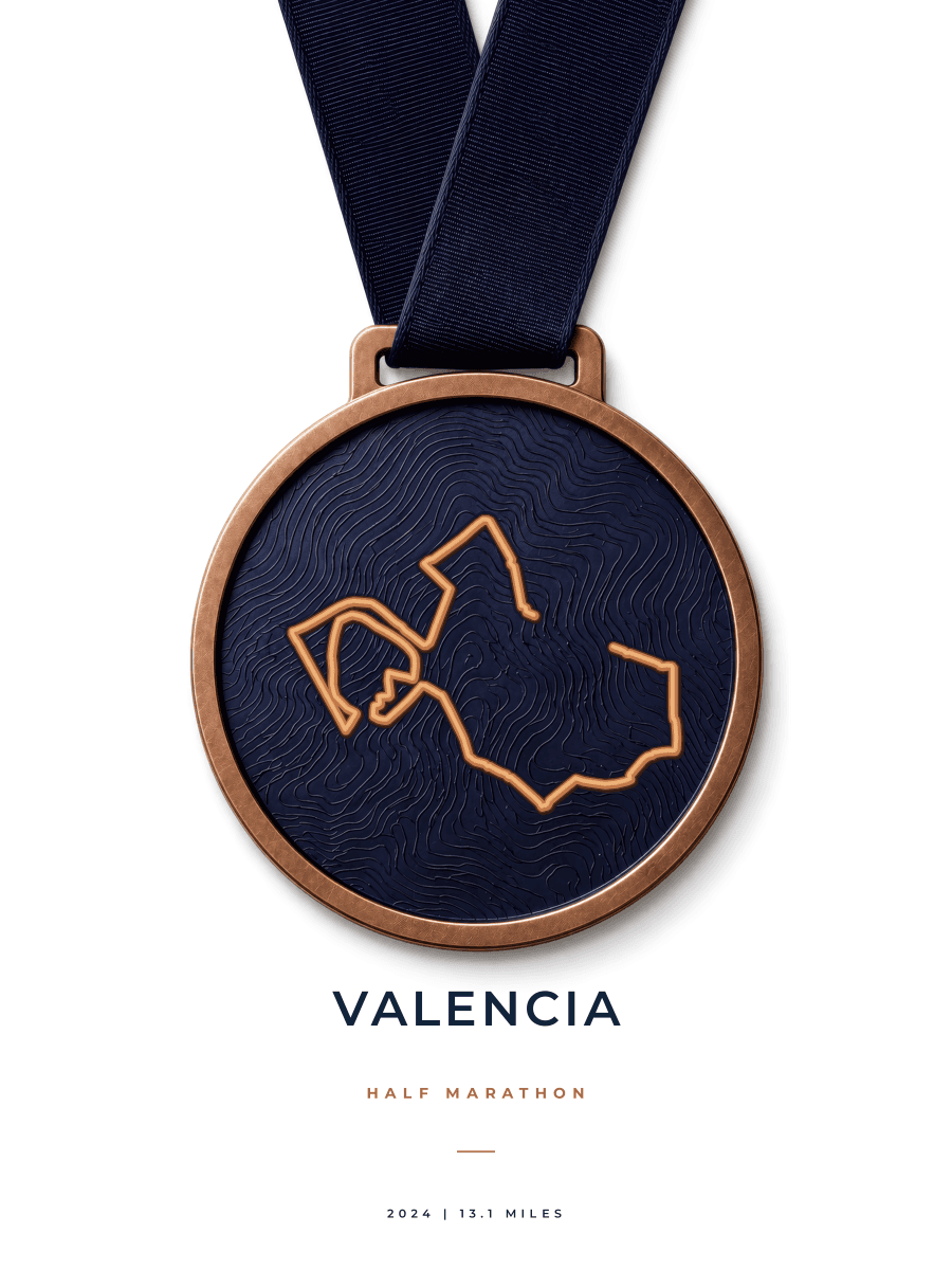 Valencia Half Marathon route poster preview in the Medal artwork style