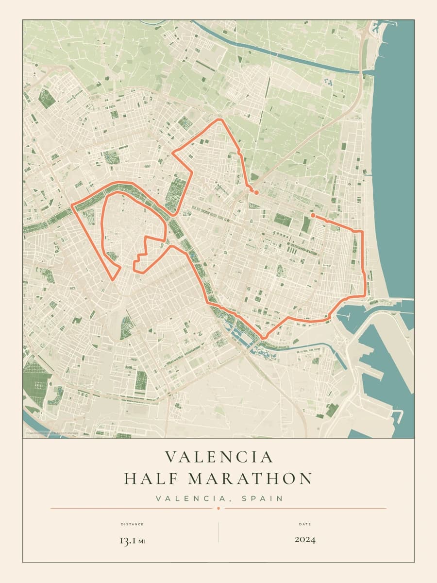 Valencia Half Marathon route poster preview in the Parkland artwork style