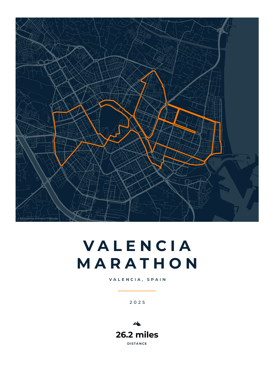 Valencia Marathon route poster preview in the Race Blueprint artwork style