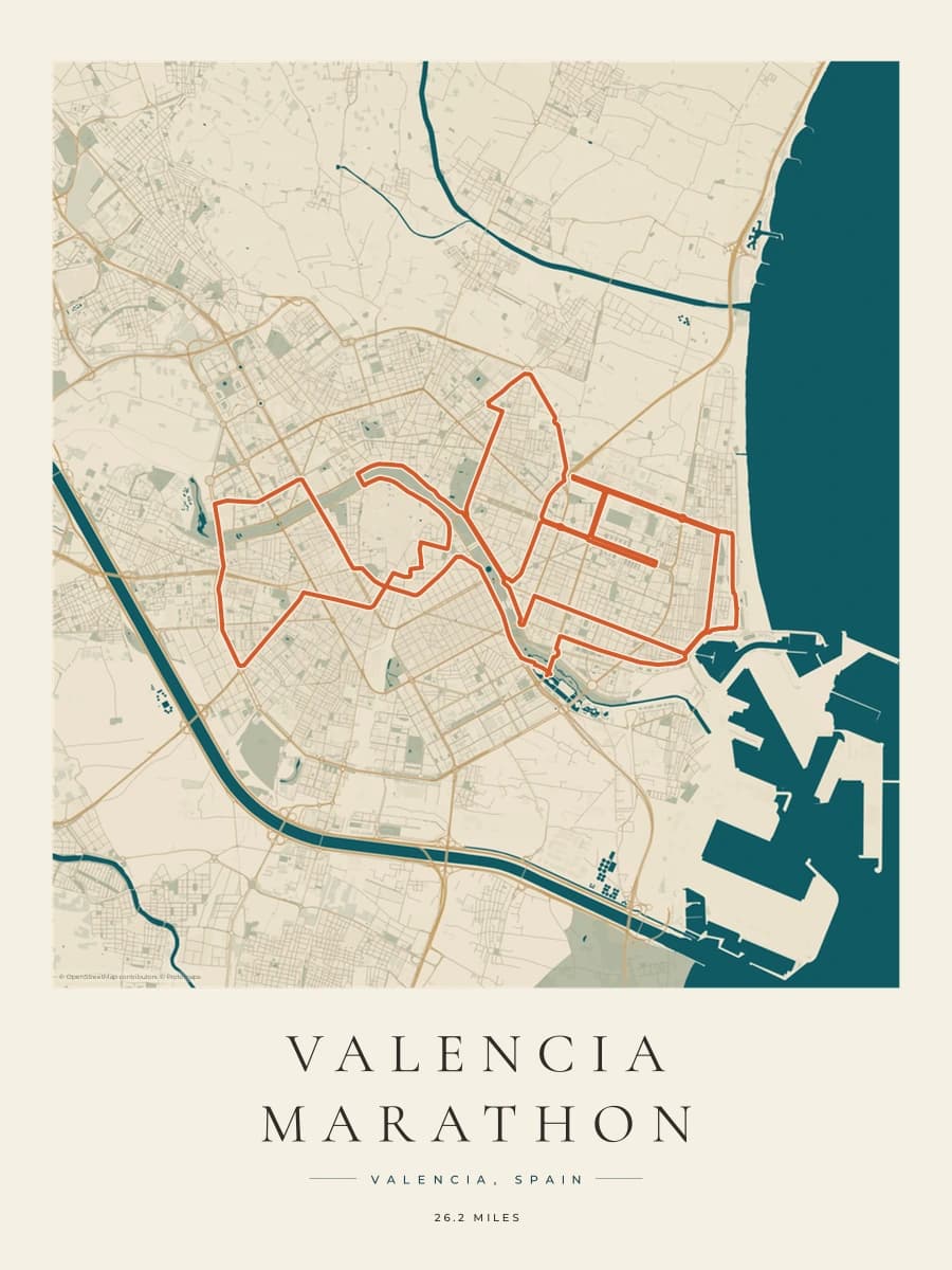 Valencia Marathon route poster preview in the Coastal Atlas artwork style