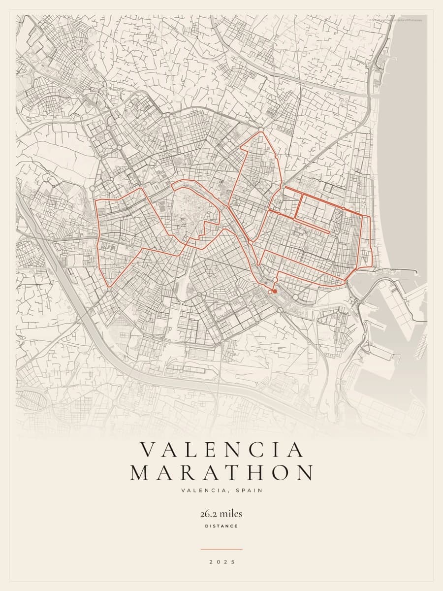 Valencia Marathon route poster preview in the Gallery Mono artwork style