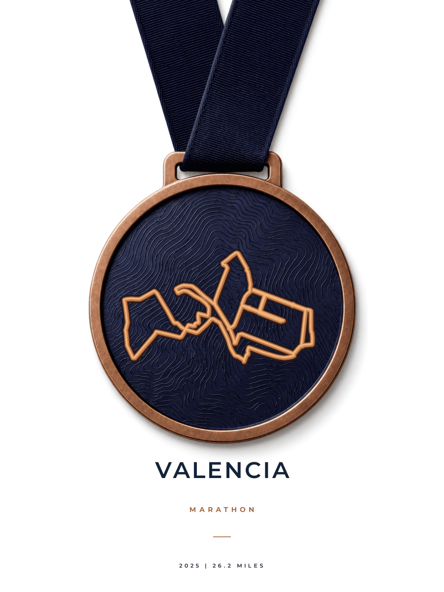 Valencia Marathon route poster preview in the Medal artwork style