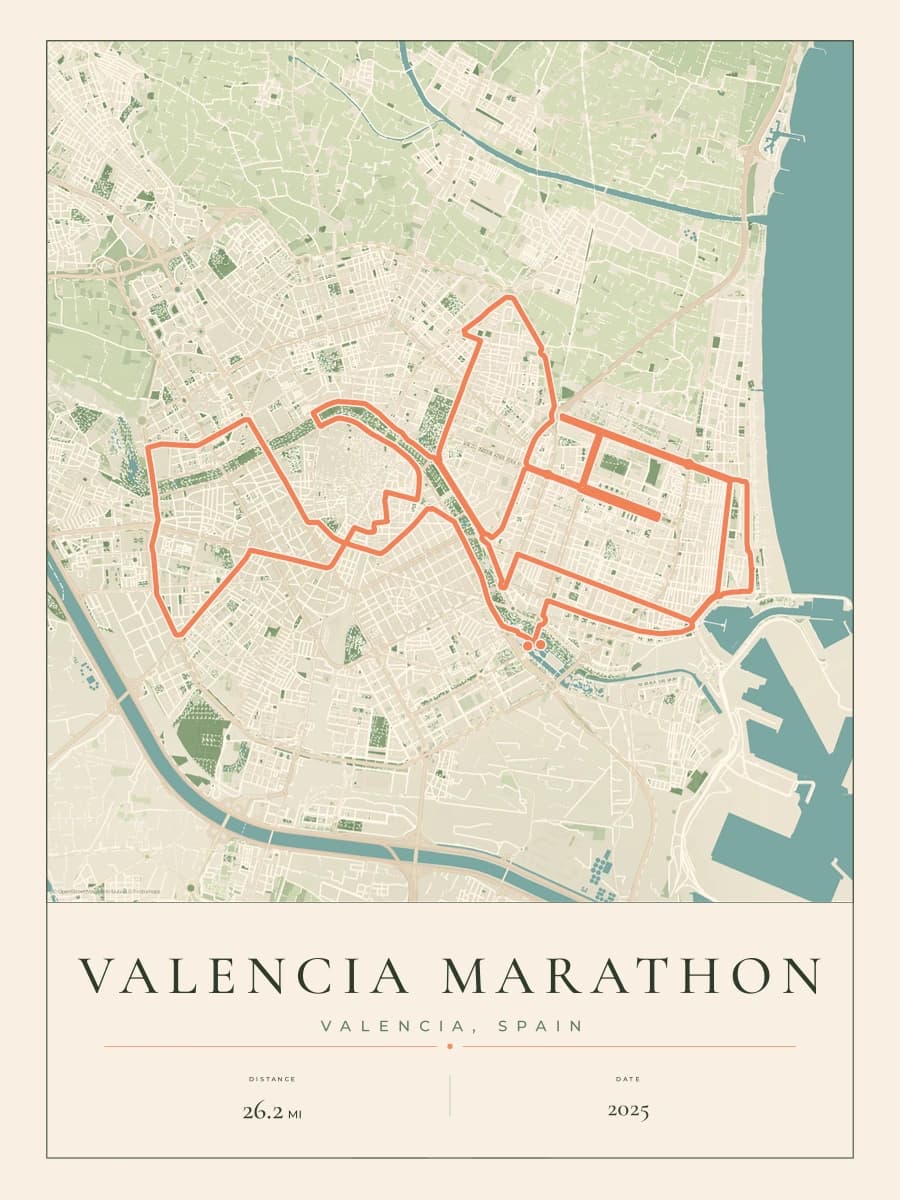 Valencia Marathon route poster preview in the Parkland artwork style