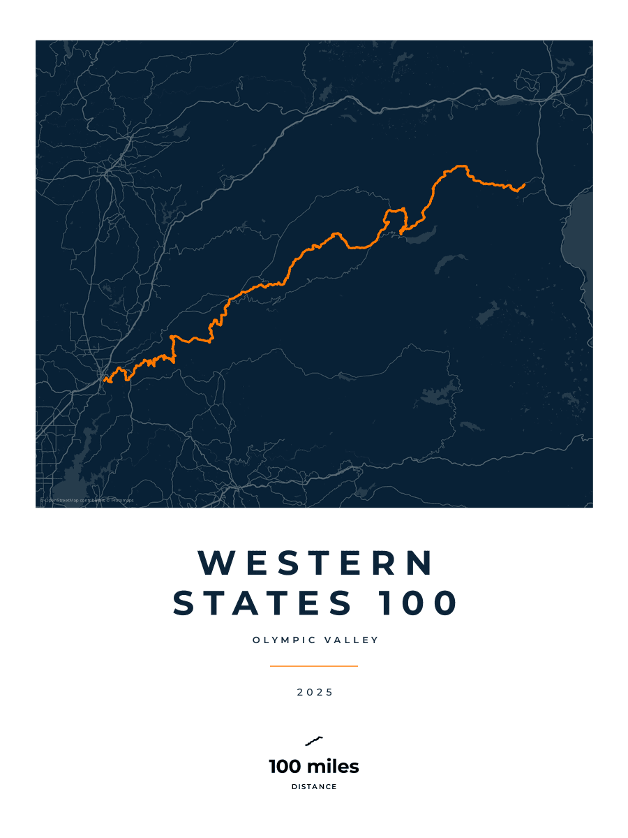 Western States 100 route map poster preview in the Race Blueprint artwork style
