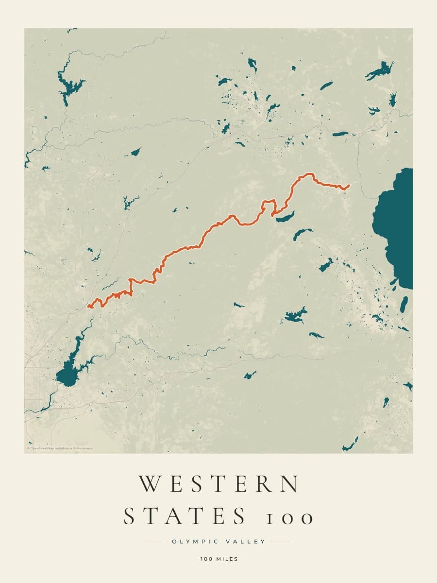 Western States 100 route map poster preview in the Coastal Atlas artwork style