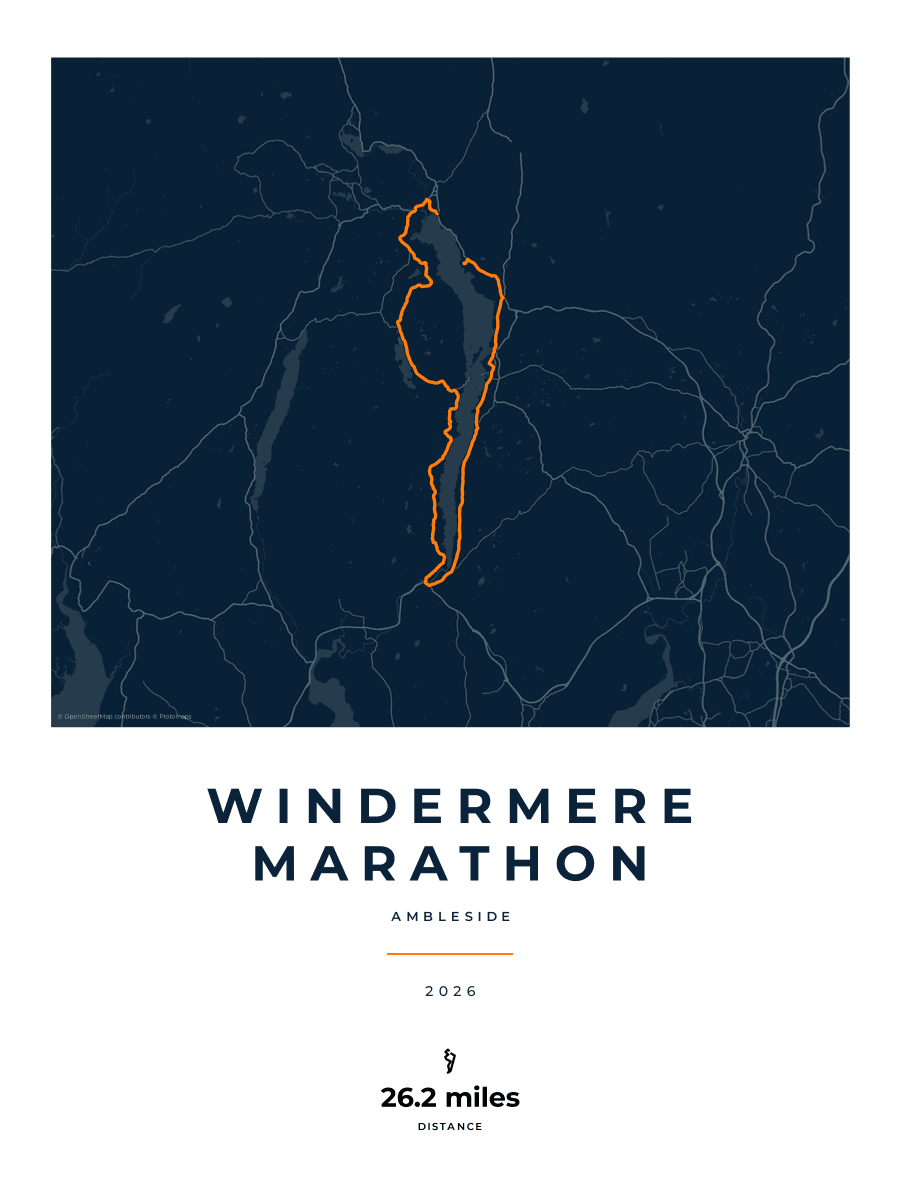 Windermere Marathon route poster preview in the Race Blueprint artwork style