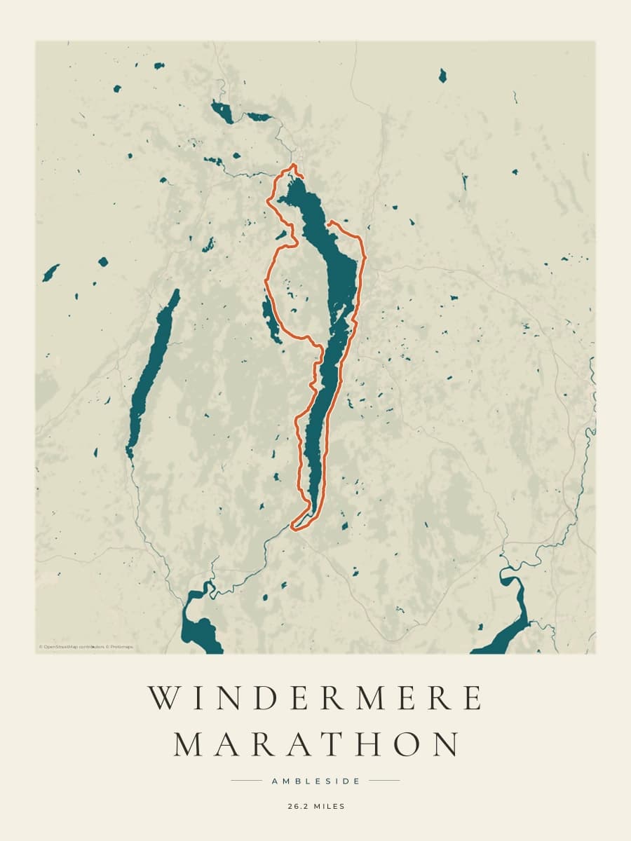 Windermere Marathon route poster preview in the Coastal Atlas artwork style