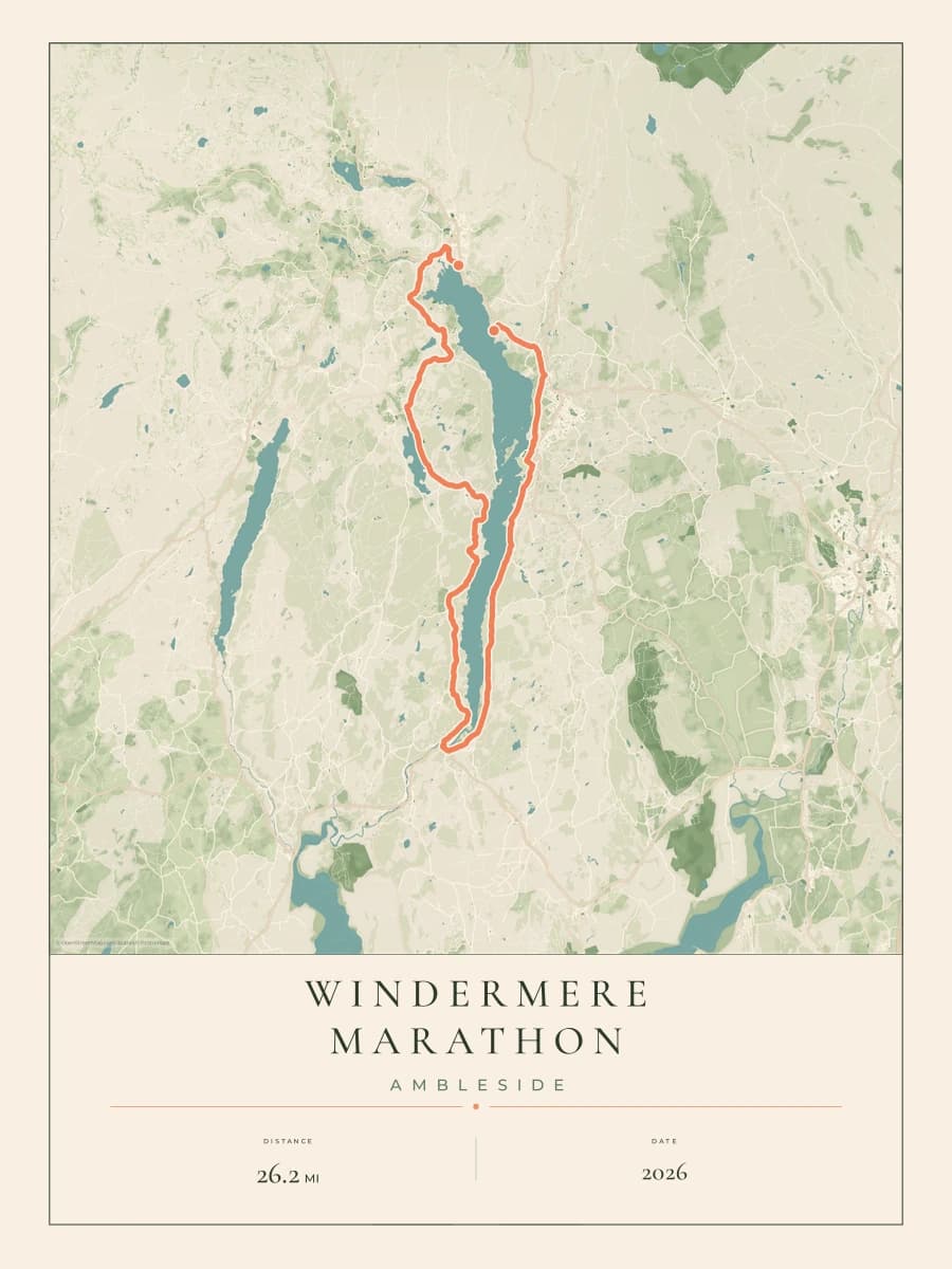 Windermere Marathon route poster preview in the Parkland artwork style