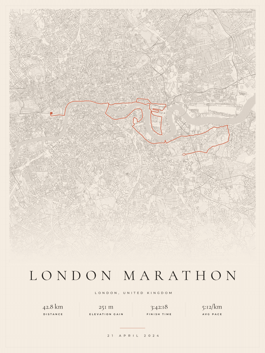 Route Into Art poster render for the London Marathon route in the Gallery Mono artwork style