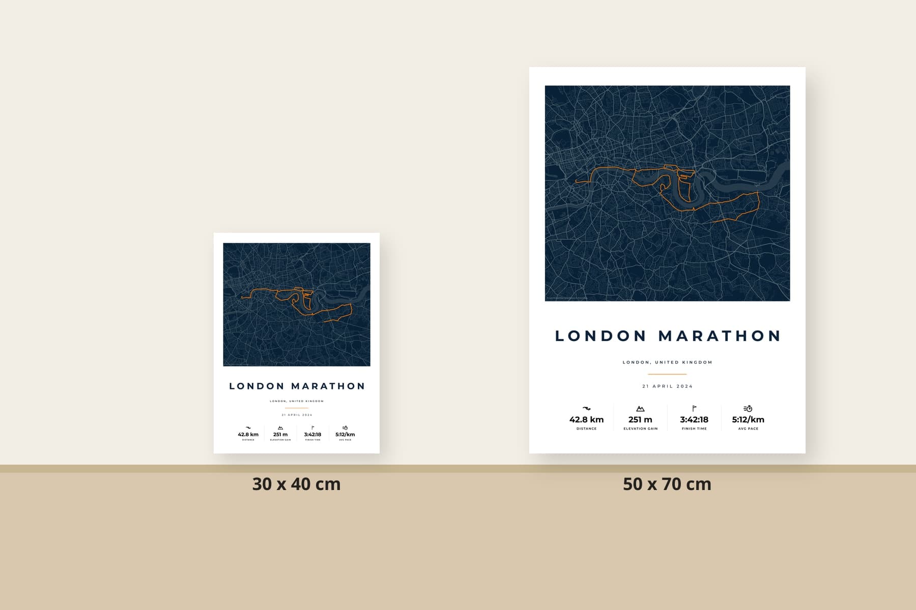 30 x 40 cm and 50 x 70 cm route prints shown together for size comparison