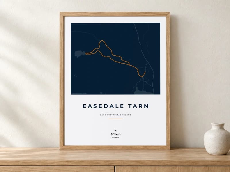 Easedale Tarn hiking route print displayed in an oak frame