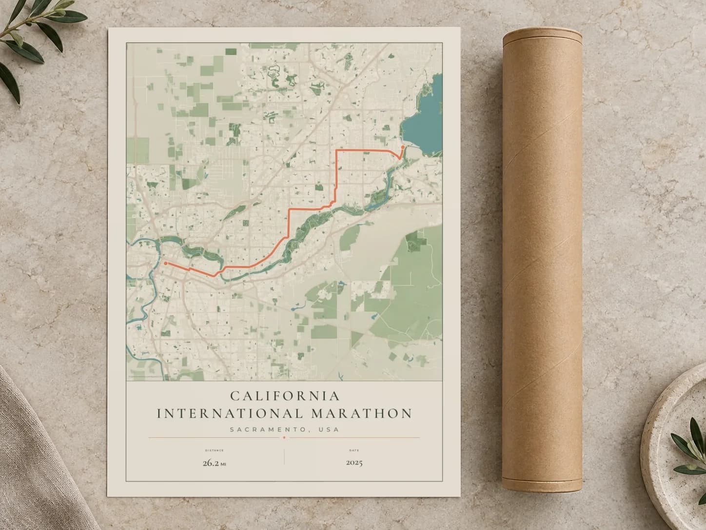 Cardboard postal tube beside a flat California International Marathon route print