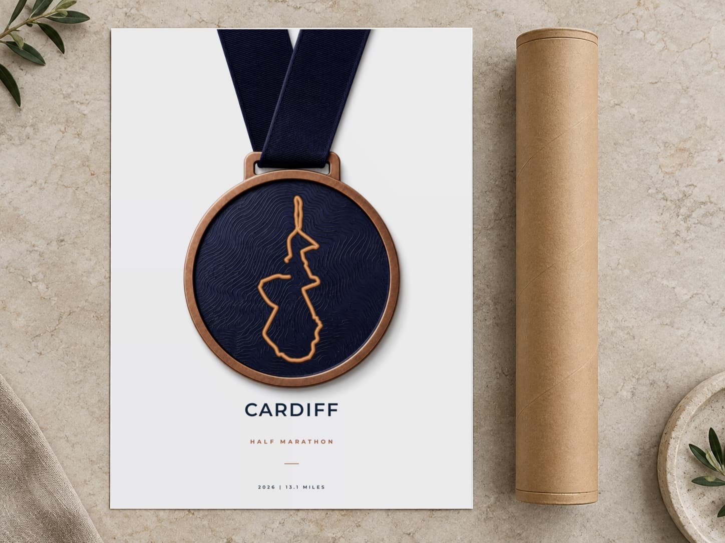 Cardboard postal tube beside a flat Cardiff Half Marathon route print