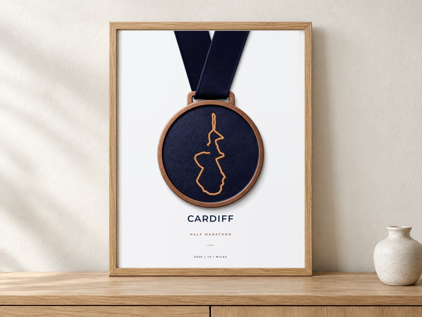 Cardiff Half Marathon 2026 Medal route print in a warm framed display scene