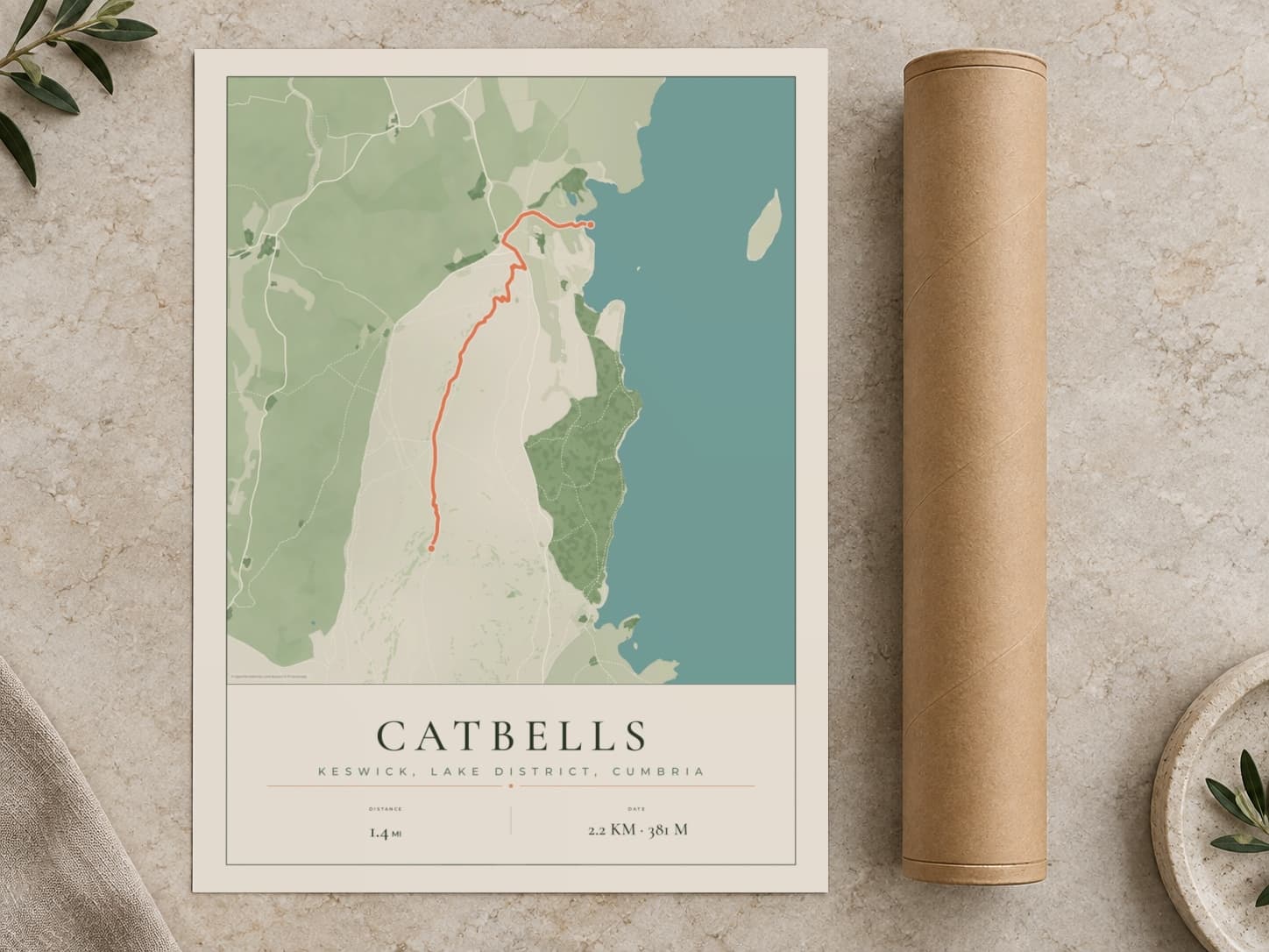 Cardboard postal tube beside a flat Catbells route print