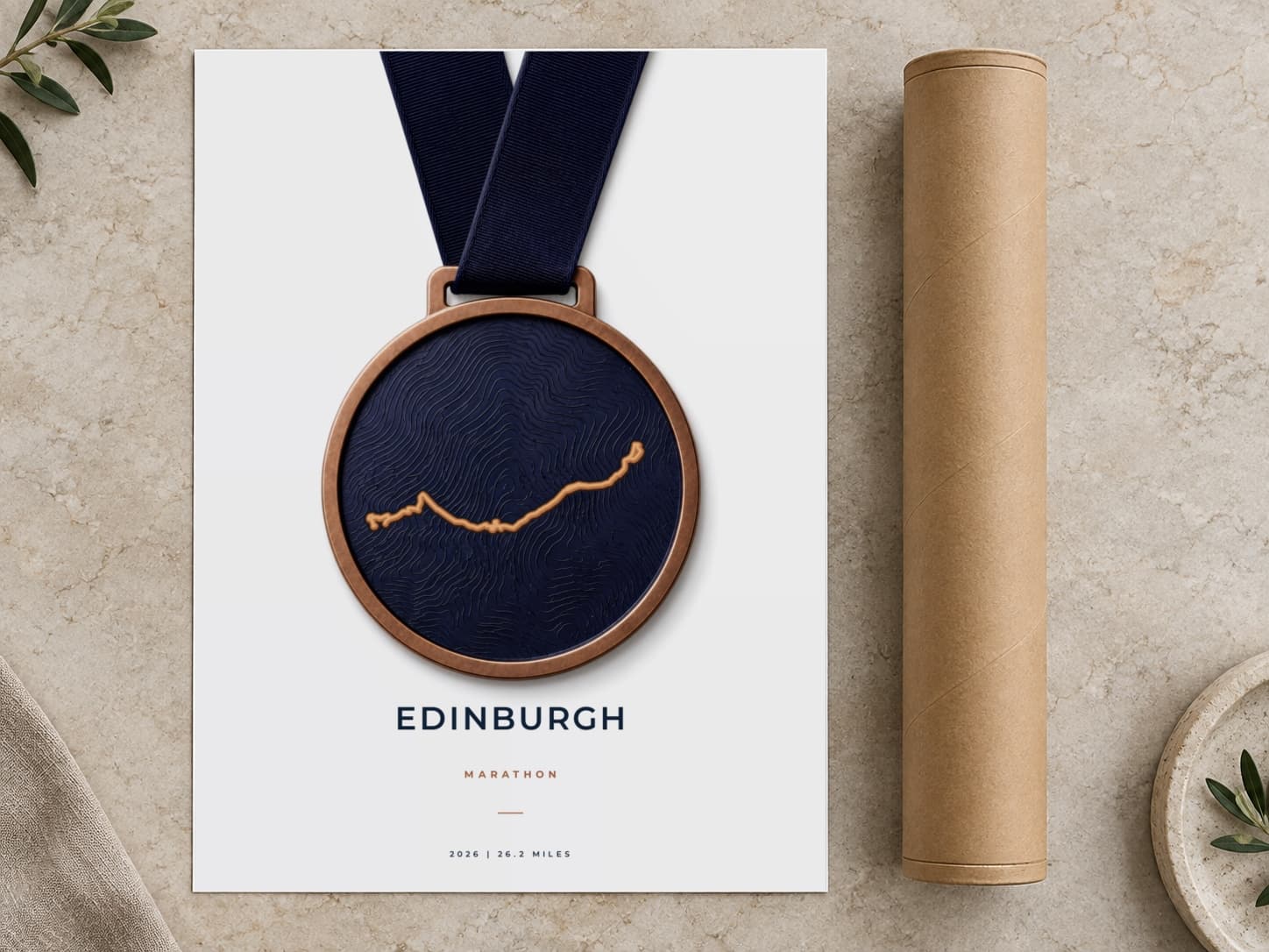 Cardboard postal tube beside a flat Edinburgh Marathon route print