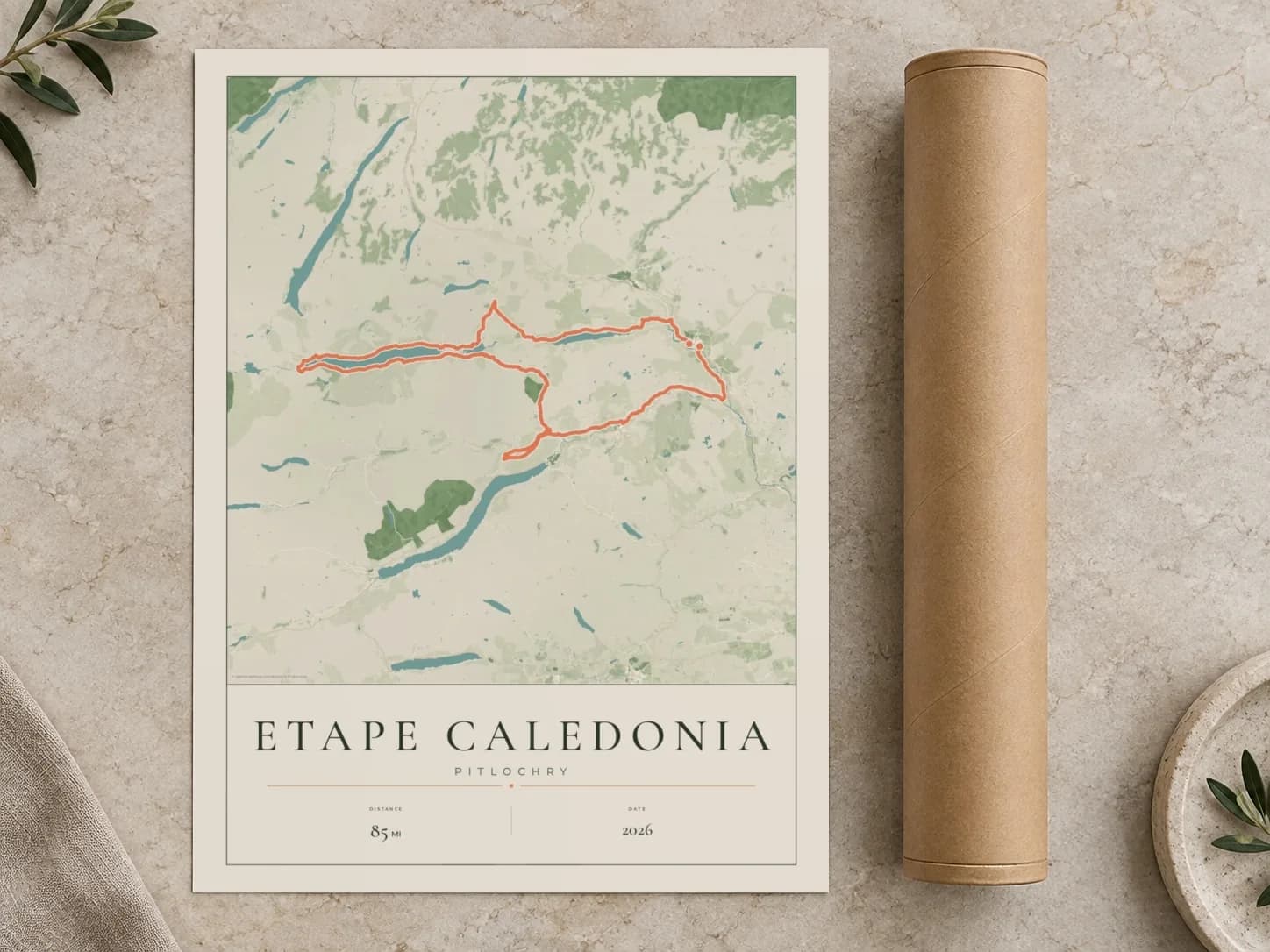 Cardboard postal tube beside a flat Etape Caledonia route print