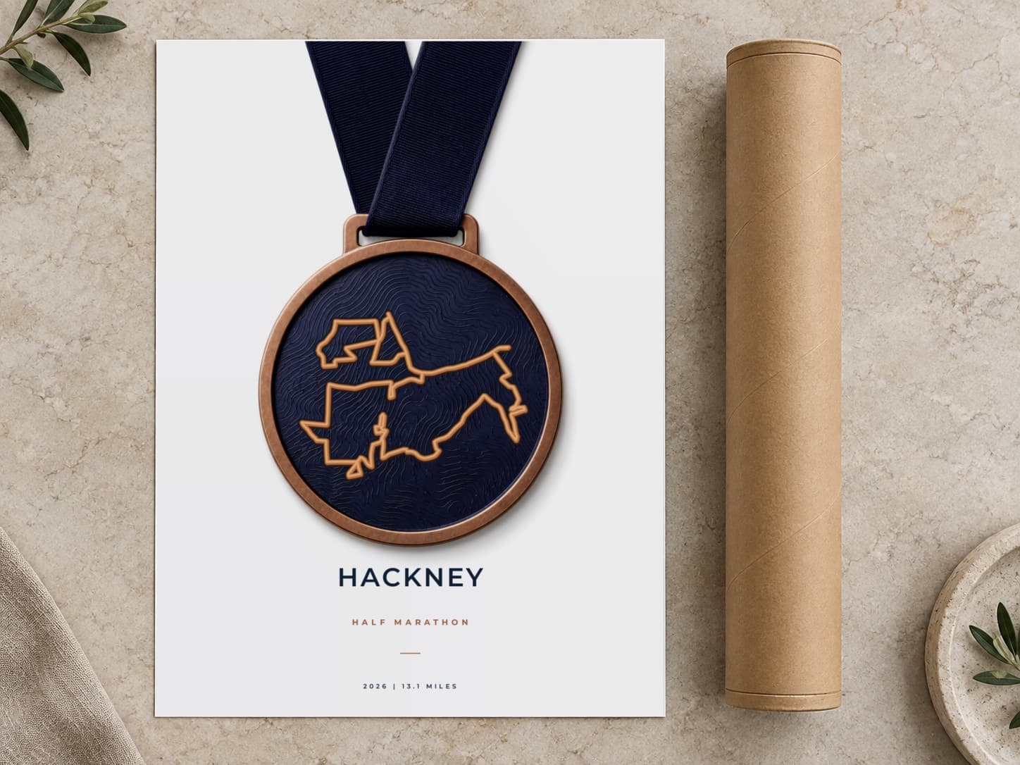 Cardboard postal tube beside a flat Hackney Half Marathon route print