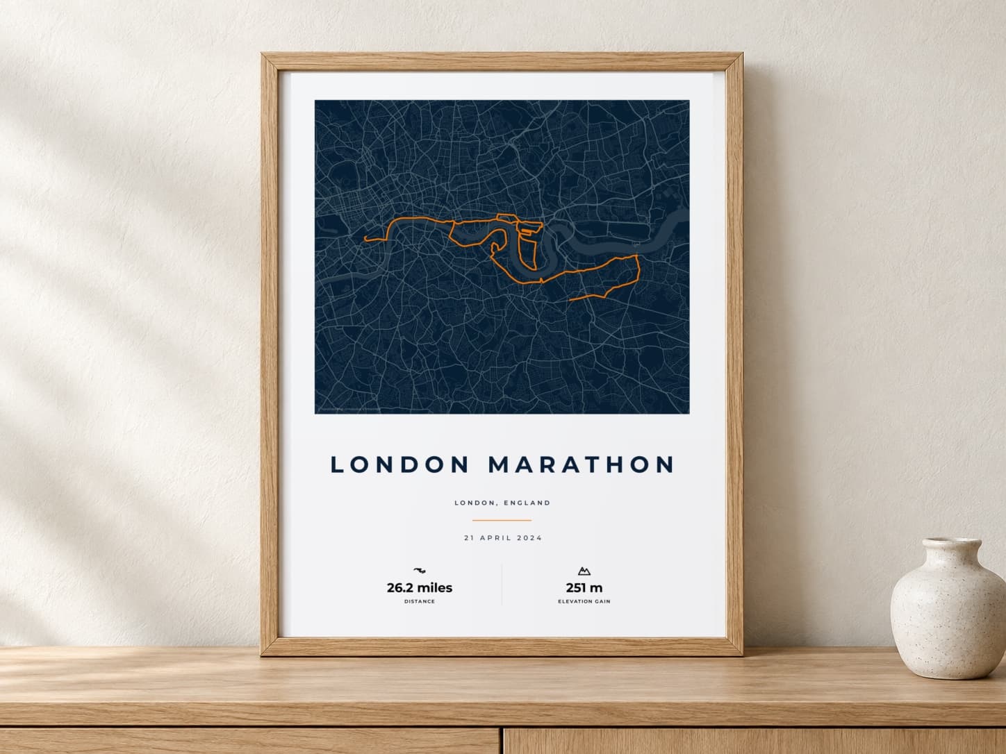 London Marathon 2024 Race Blueprint route print in a warm framed display scene