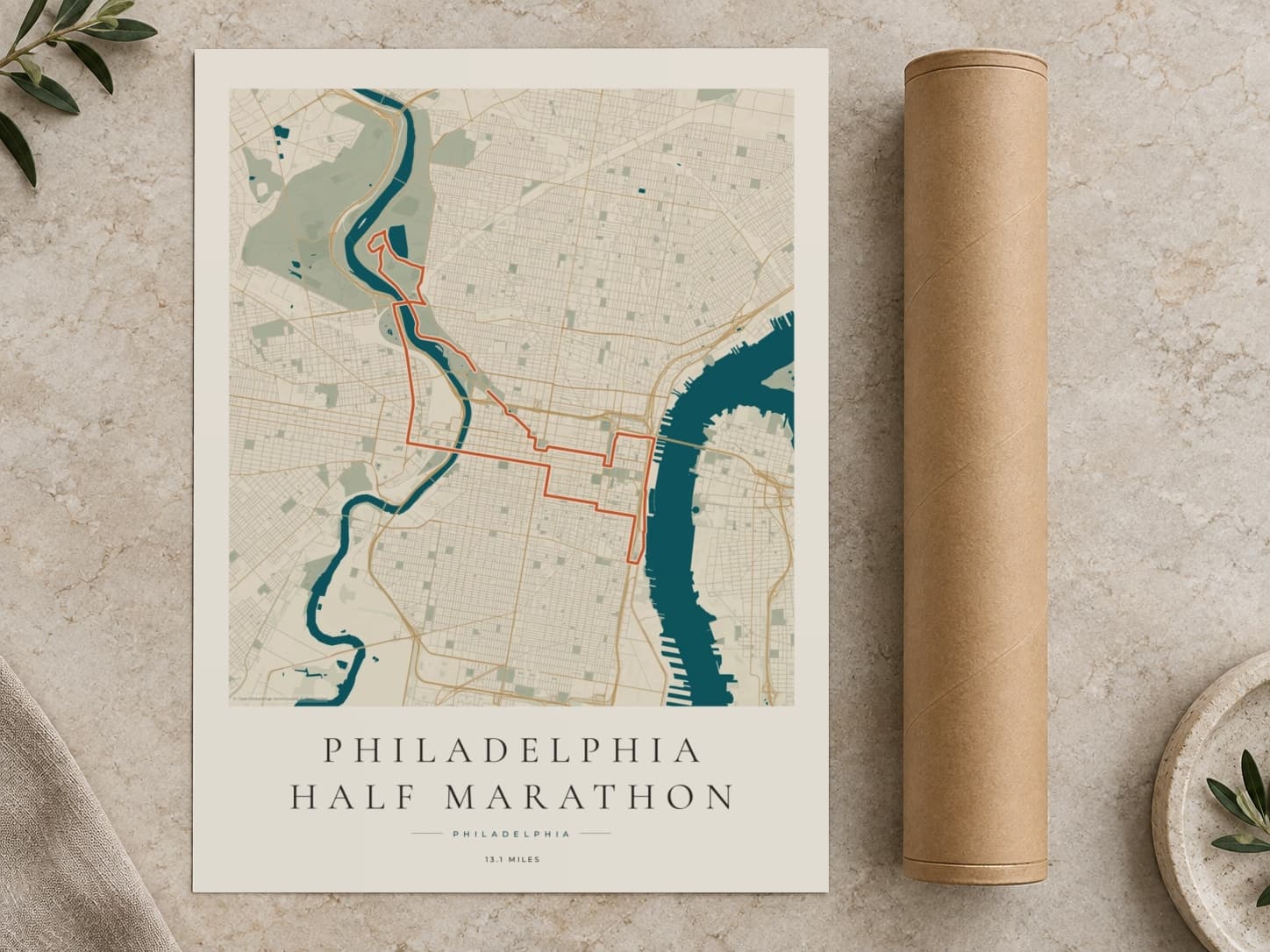 Cardboard postal tube beside a flat Philadelphia Half Marathon route print