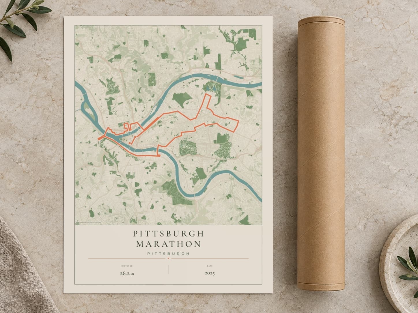 Cardboard postal tube beside a flat Pittsburgh Marathon route print