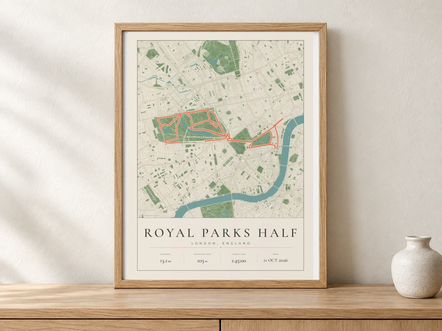 Royal Parks Half Marathon 2026 Parkland route print in a warm framed display scene