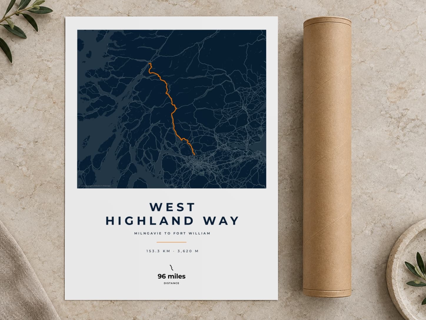 Cardboard postal tube beside a flat West Highland Way route print