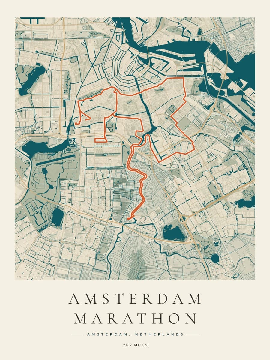 Amsterdam Marathon route poster preview in the Coastal Atlas artwork style