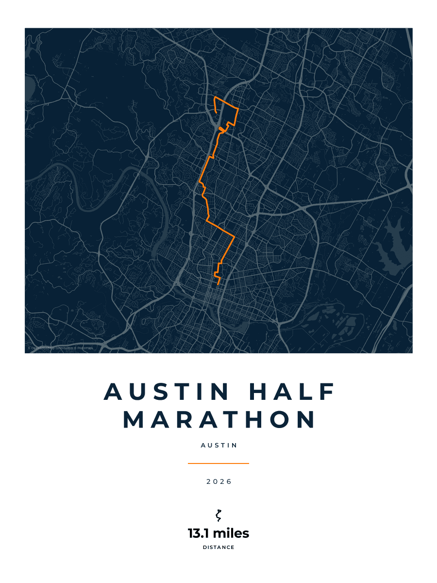 Austin Half Marathon route map poster preview in the Race Blueprint artwork style