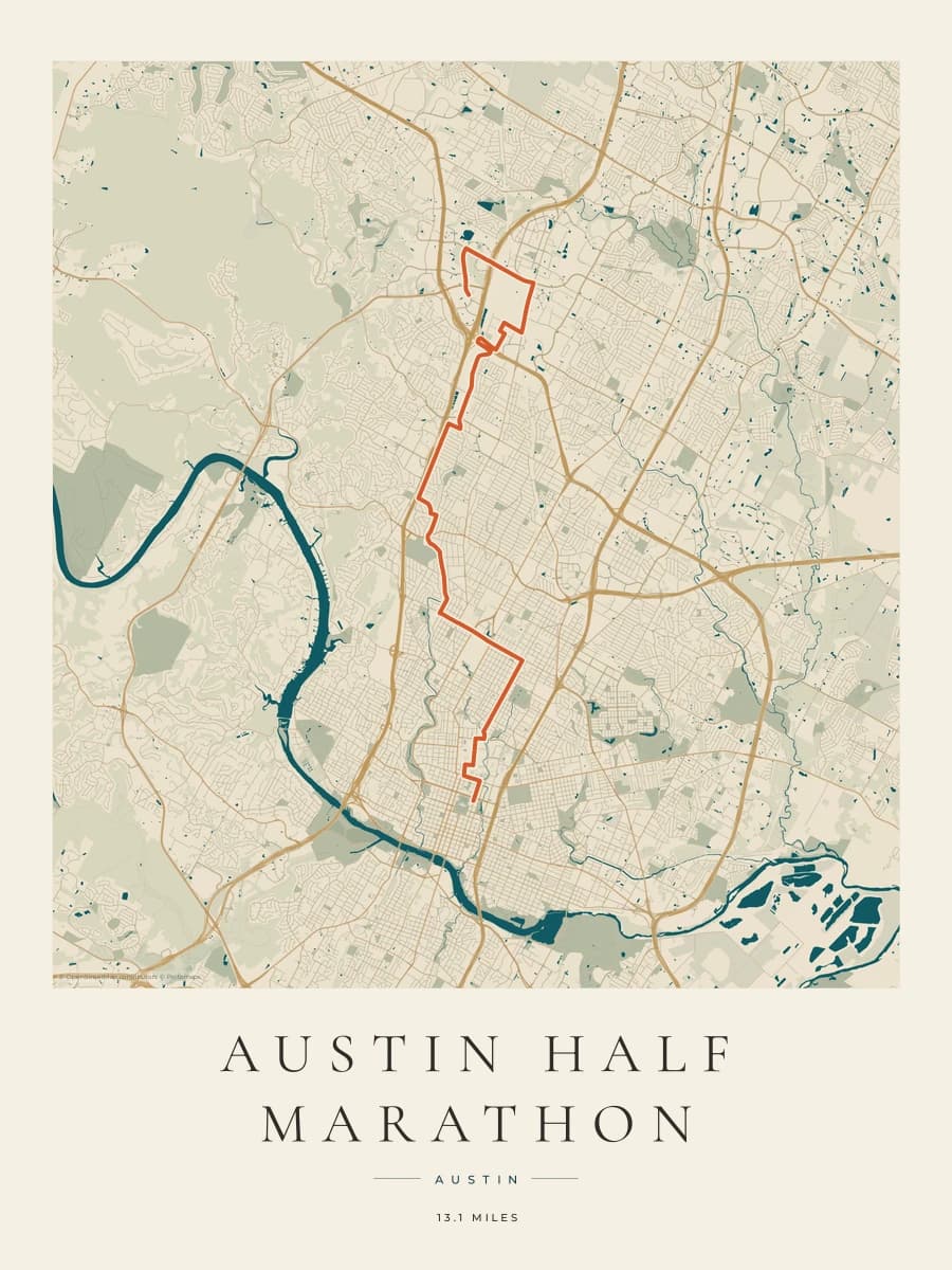 Austin Half Marathon route map poster preview in the Coastal Atlas artwork style
