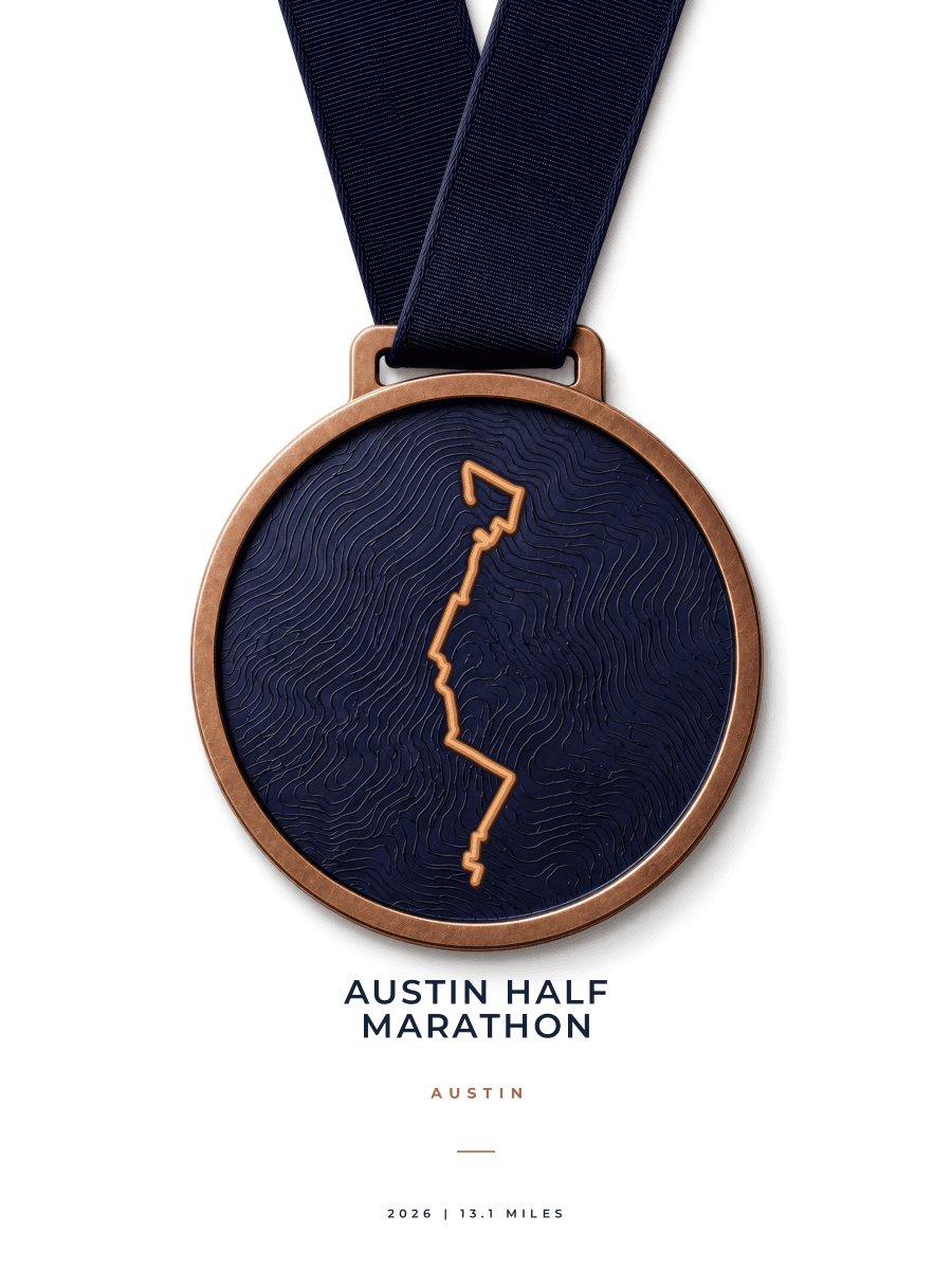 Austin Half Marathon route map poster preview in the Medal artwork style