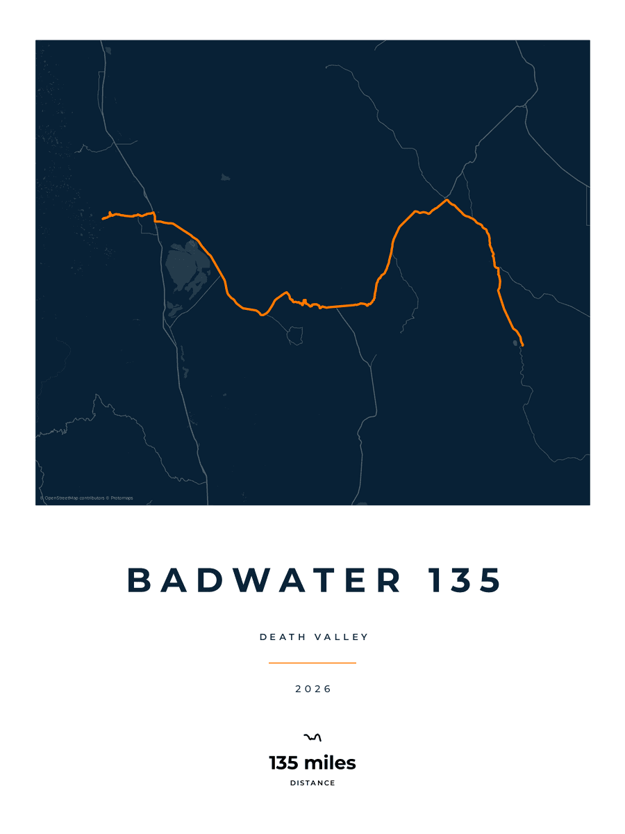 Badwater 135 route map poster preview in the Race Blueprint artwork style