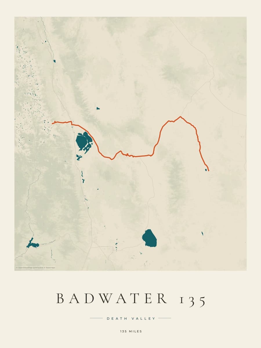 Badwater 135 route map poster preview in the Coastal Atlas artwork style