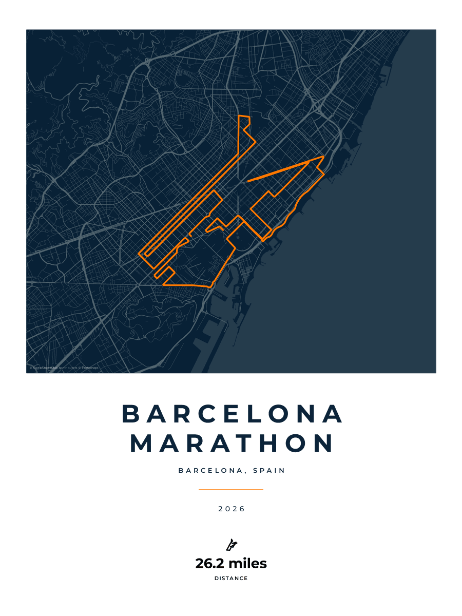 Barcelona Marathon route poster preview in the Race Blueprint artwork style