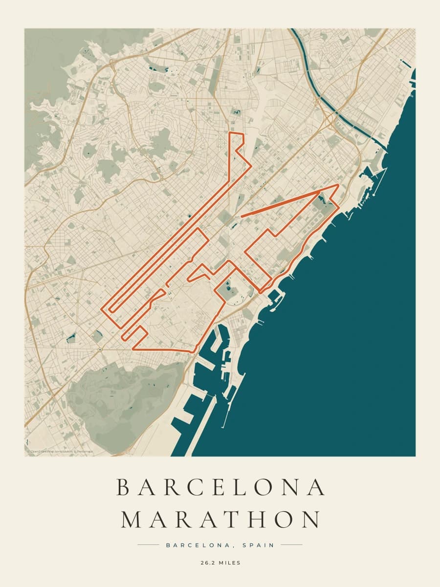 Barcelona Marathon route poster preview in the Coastal Atlas artwork style