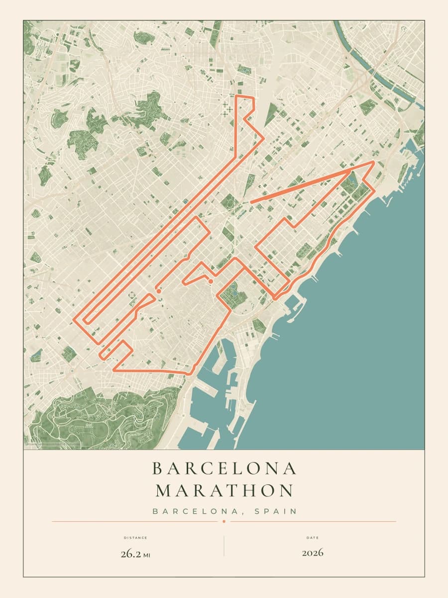 Barcelona Marathon route poster preview in the Parkland artwork style