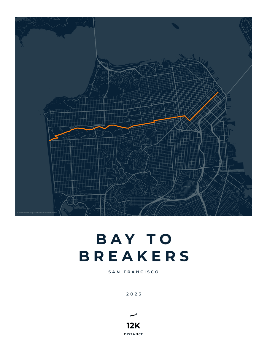 Bay to Breakers route map poster preview in the Race Blueprint artwork style
