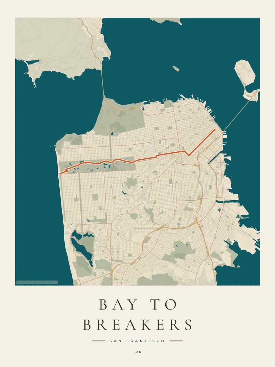 Bay to Breakers route map poster preview in the Coastal Atlas artwork style