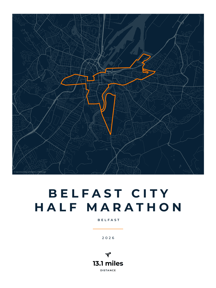 Belfast City Half Marathon route poster preview in the Race Blueprint artwork style