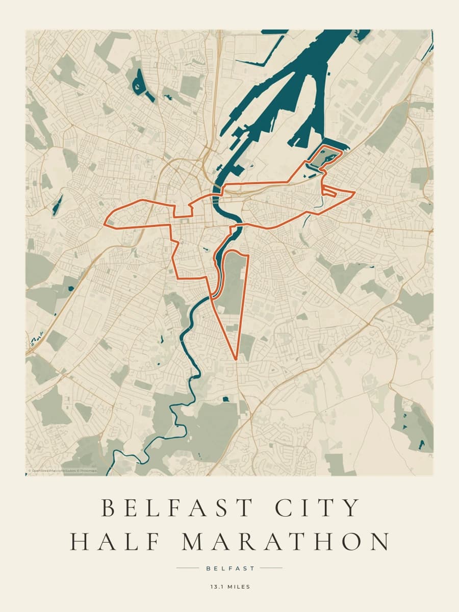 Belfast City Half Marathon route poster preview in the Coastal Atlas artwork style