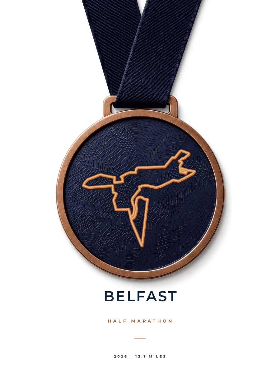 Belfast City Half Marathon route poster preview in the Medal artwork style