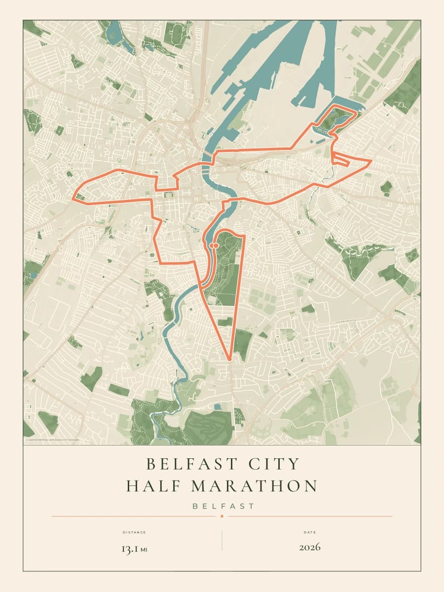 Belfast City Half Marathon route poster preview in the Parkland artwork style