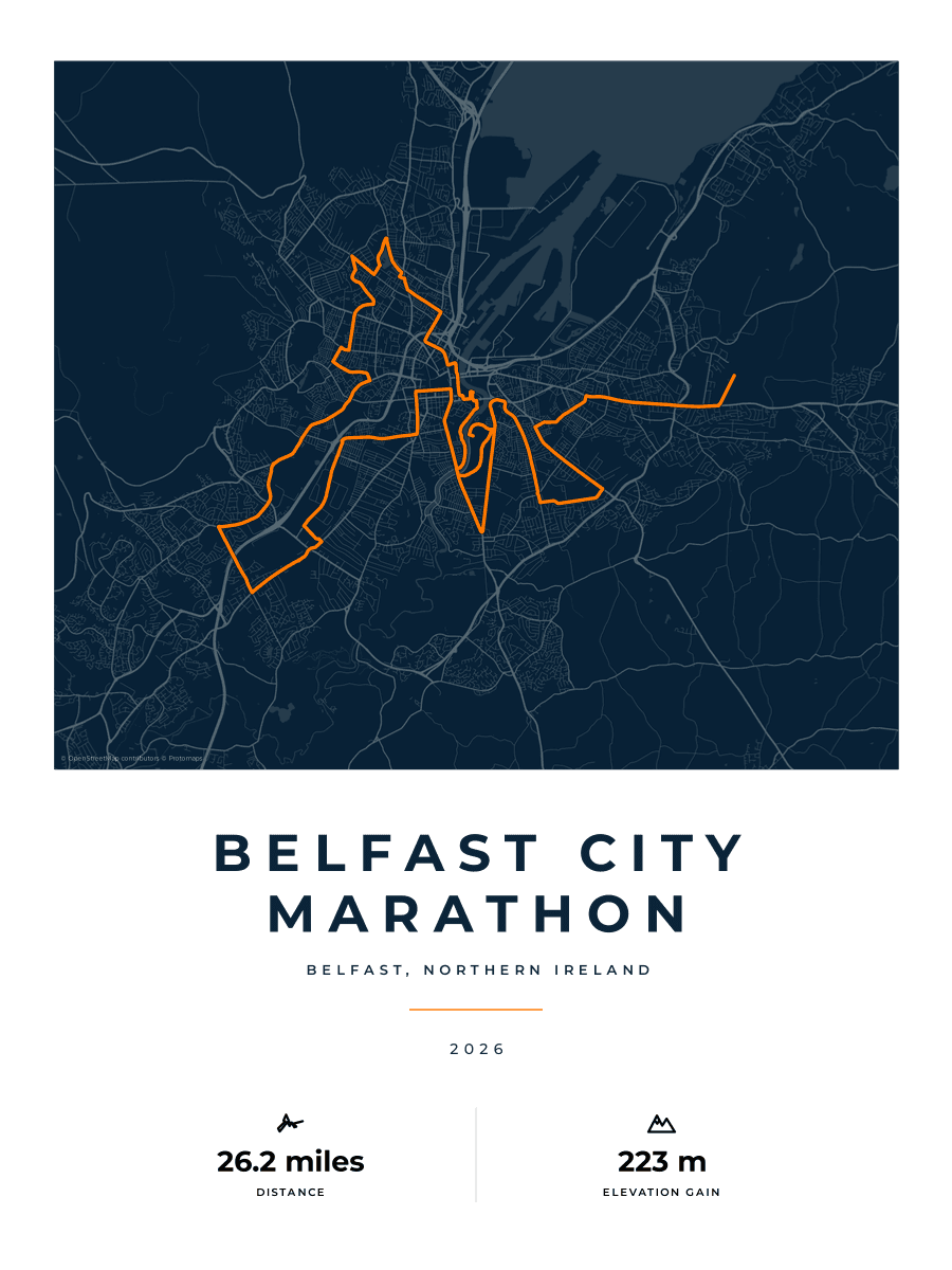 Belfast City Marathon route poster preview in the Race Blueprint artwork style