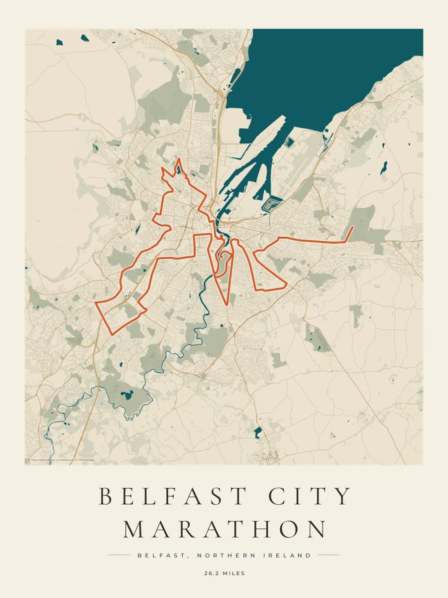 Belfast City Marathon route poster preview in the Coastal Atlas artwork style
