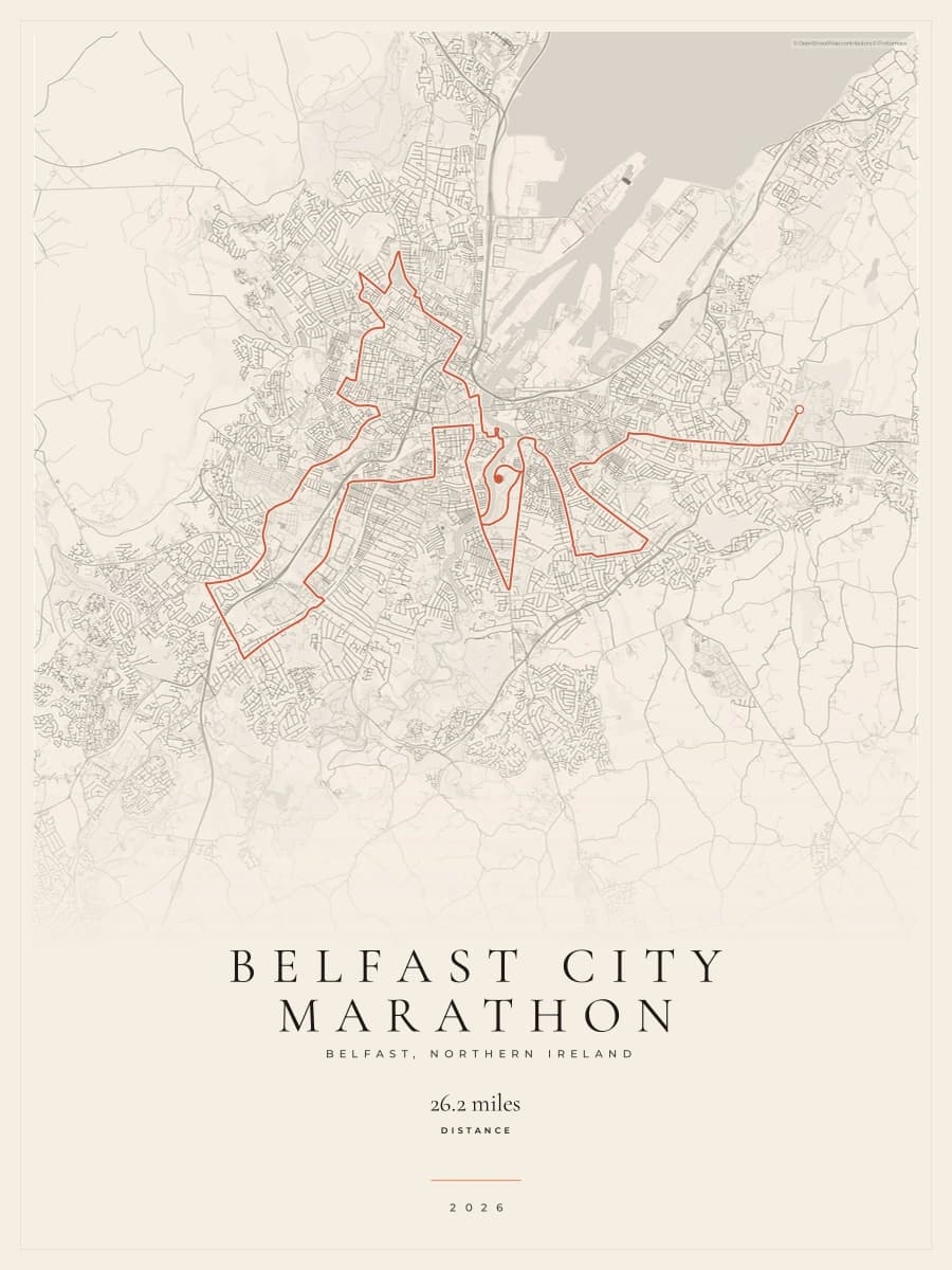 Belfast City Marathon route poster preview in the Gallery Mono artwork style