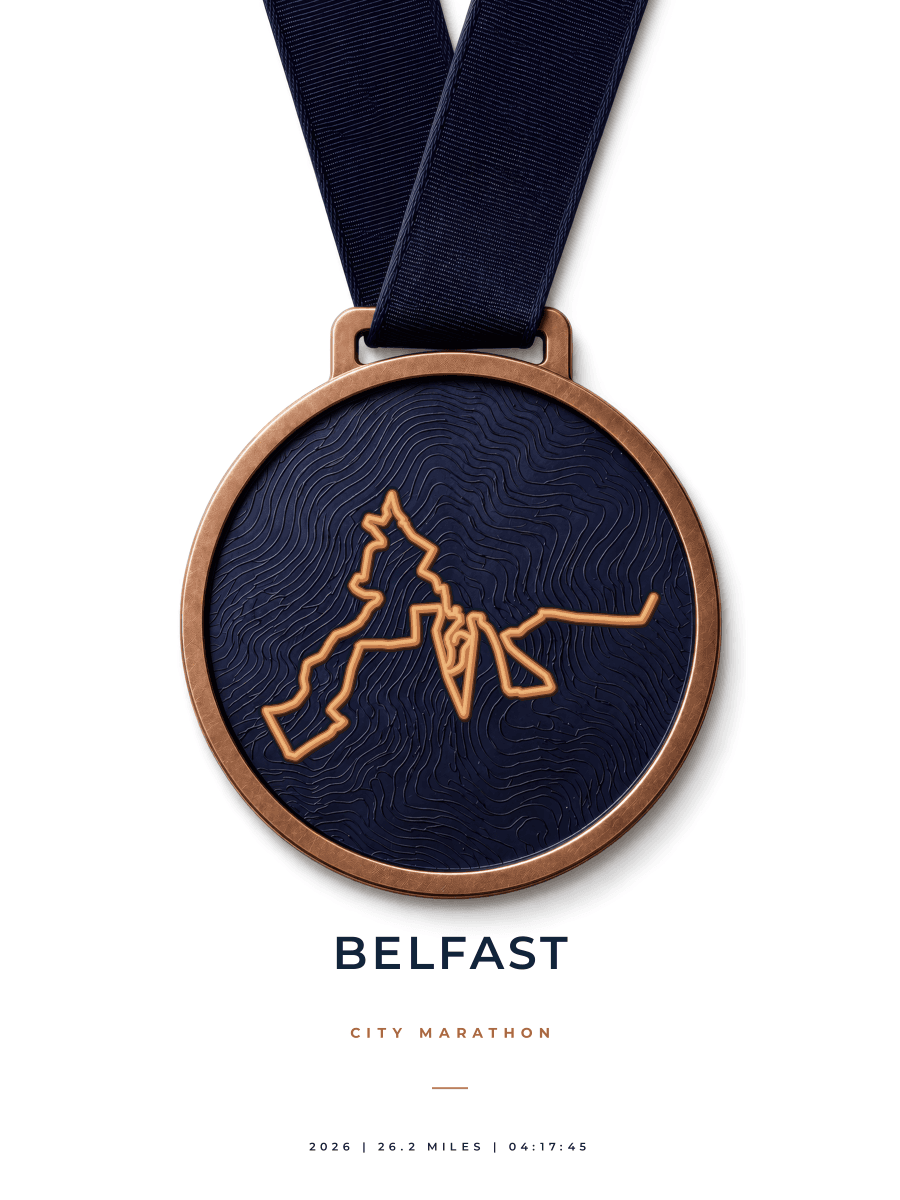 Belfast City Marathon route poster preview in the Medal artwork style