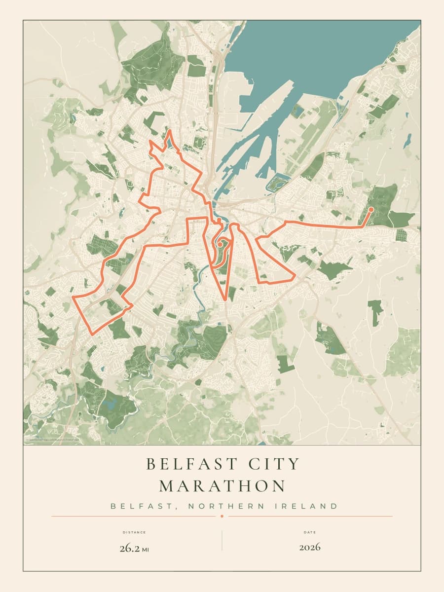 Belfast City Marathon route poster preview in the Parkland artwork style